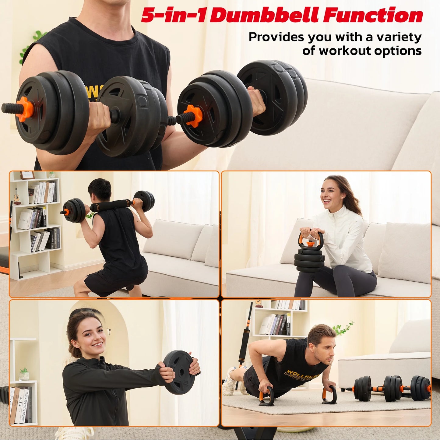 66LB Dumbbell Set 5-In-1 Adjustable Dumbbell Set with Dumbbells, Barbells, Kettlebell, Push-Up Stands for Home Gym Exercises Men/Women