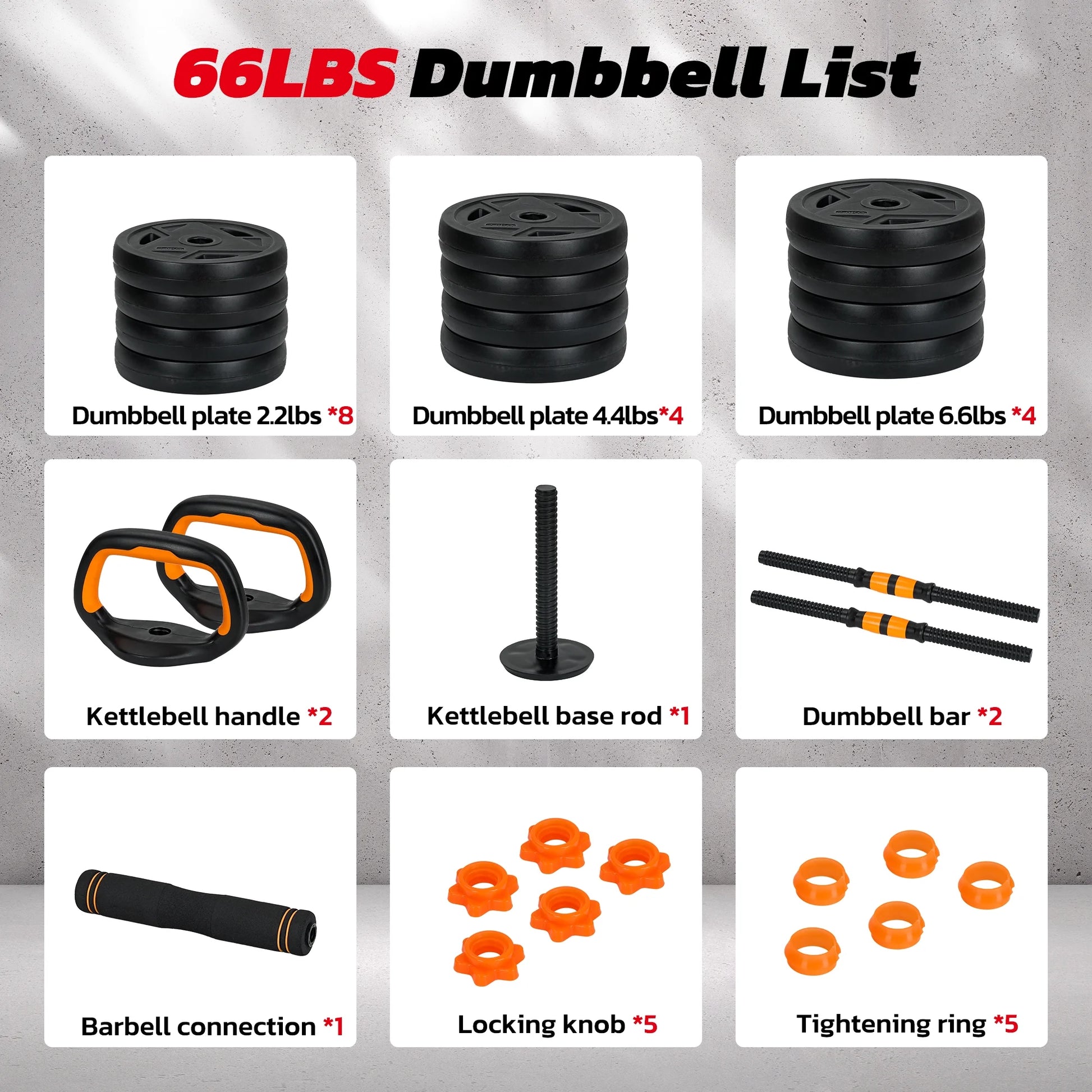 66LB Dumbbell Set 5-In-1 Adjustable Dumbbell Set with Dumbbells, Barbells, Kettlebell, Push-Up Stands for Home Gym Exercises Men/Women