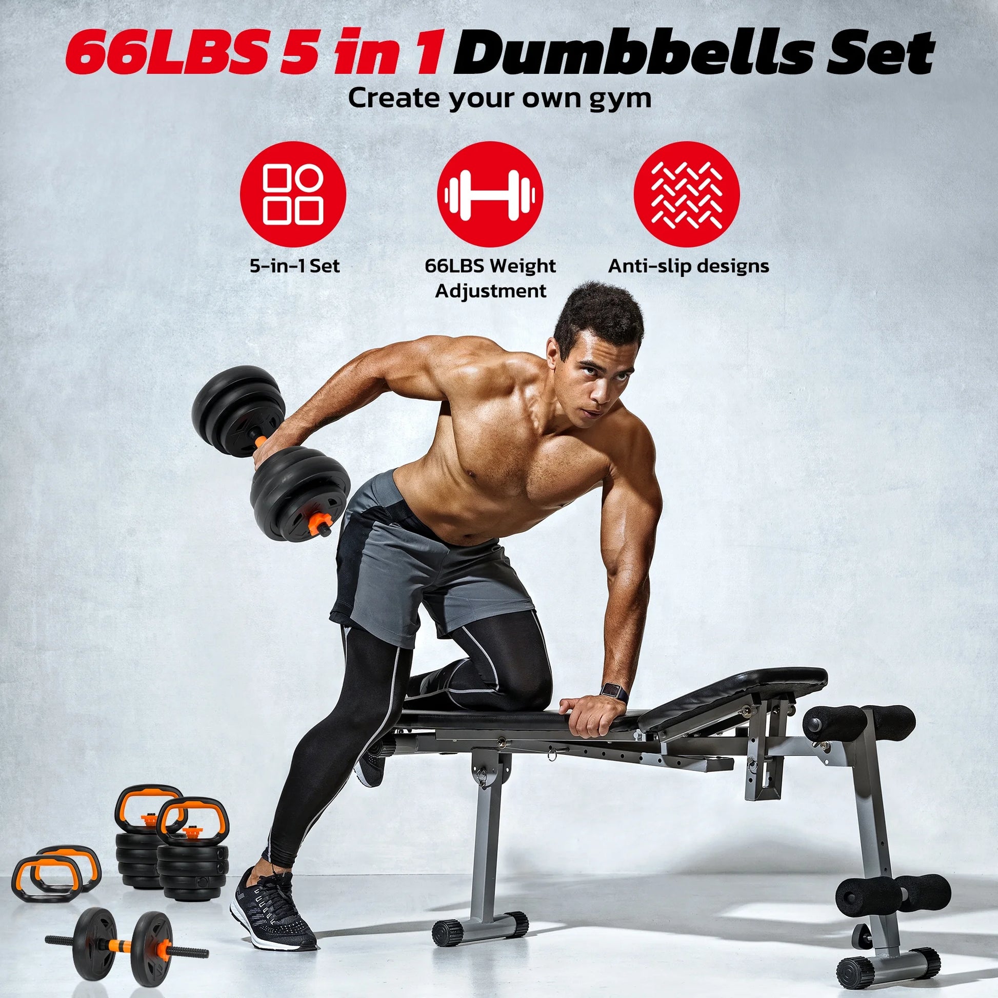 66LB Dumbbell Set 5-In-1 Adjustable Dumbbell Set with Dumbbells, Barbells, Kettlebell, Push-Up Stands for Home Gym Exercises Men/Women