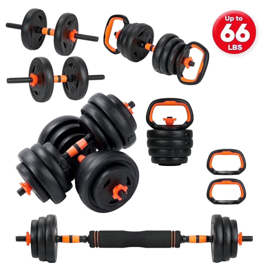 66LB Dumbbell Set 5-In-1 Adjustable Dumbbell Set with Dumbbells, Barbells, Kettlebell, Push-Up Stands for Home Gym Exercises Men/Women